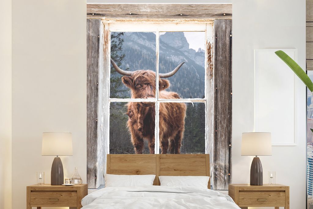 MuchoWow Fototapete für Wohnzimmer oder Schlafzimmer Wandtapete Vinyl Motivtapete Schottischer Highlander - Aussicht - Berg - Bäume - 170x260 c...