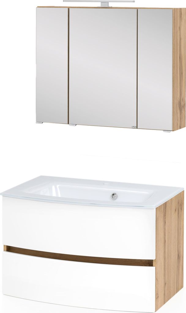 Waschtisch-Set Badezimmer Bad-Set "Kopenhagen I" Wotaneiche, Matt Weiß