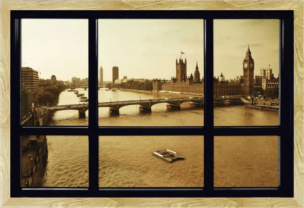 Poster London Window Sepia avec Cadre Shinsuke Maxi MDF Hêtre 61x91,5 cm