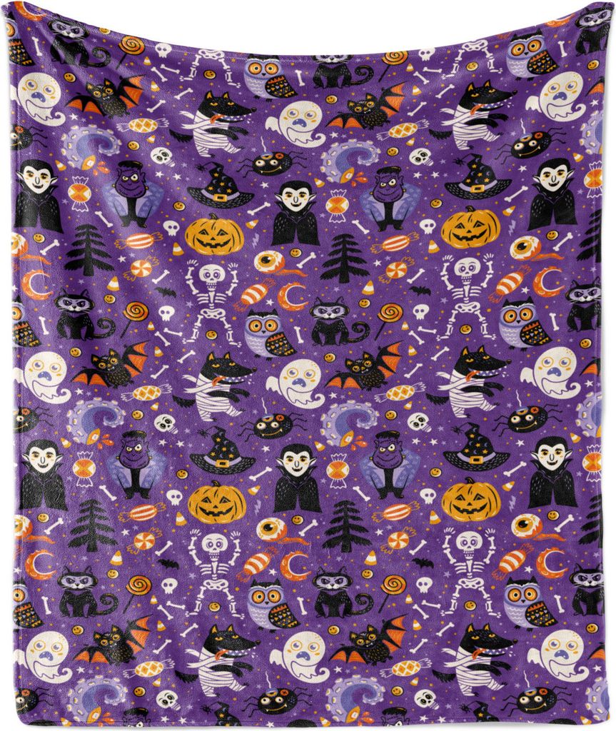 ABAKUHAUS Halloween Weich Flanell Fleece Decke, Cartoon-Entwurf Horror Symbole der Vampir-Geist-Skelett und Süßigkeiten, 175 x 230 cm, Blau Viole...