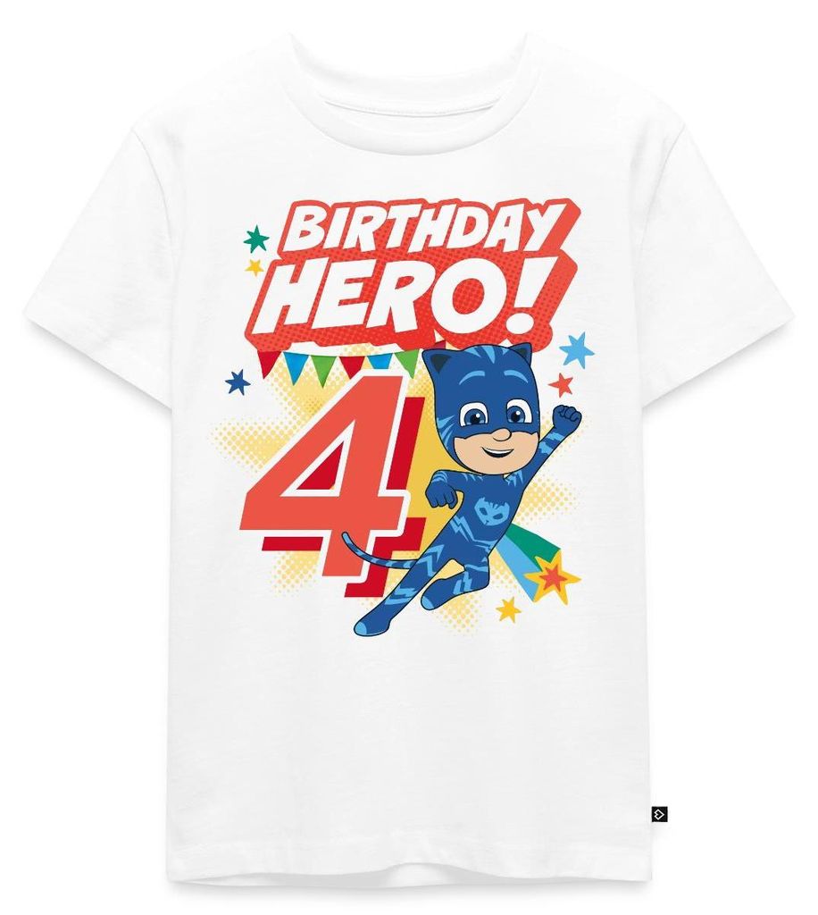 Spreadshirt PJ Masks Catboy Birthday Hero 4. Geburtstag Kinder Premium T-Shirt, 110/116 (4 Jahre), Weiß