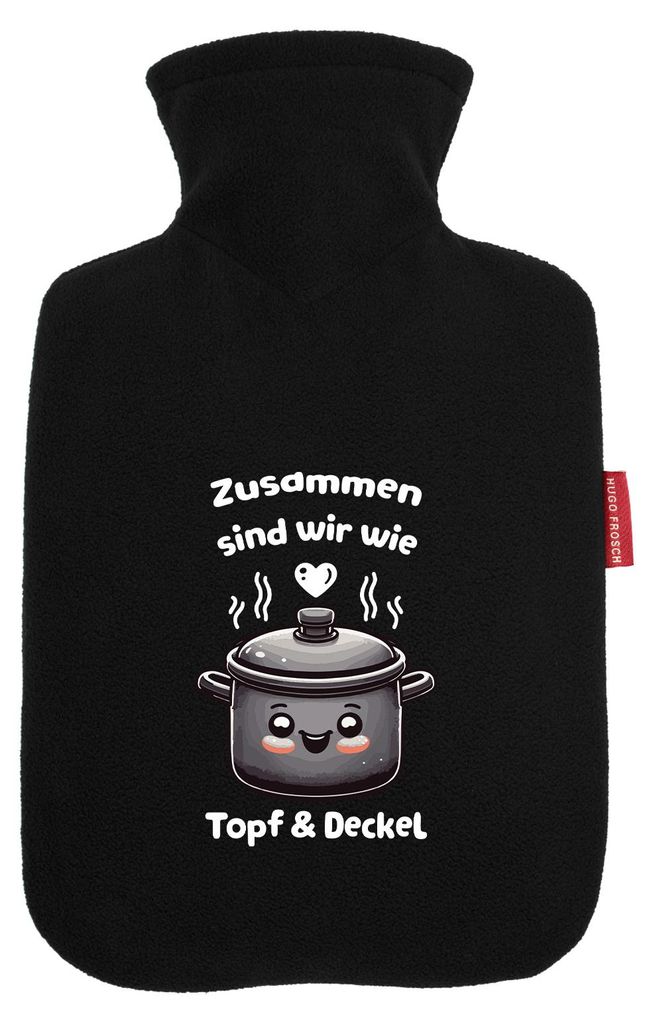 Huuraa Wärmflasche Zusammen sind wir Dopf und Deckel 1,8 Liter Black Classic Veloursbezug Bettflasche Geschenkidee