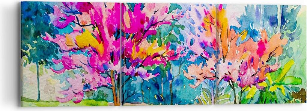 Bild auf Leinwand - Leinwandbild - Bäume Mehrfarbig Natur Frühling - 90x30cm - Wand Bild - Wanddeko - Leinwanddruck - Bilder - Kunstdruck - Wandd...