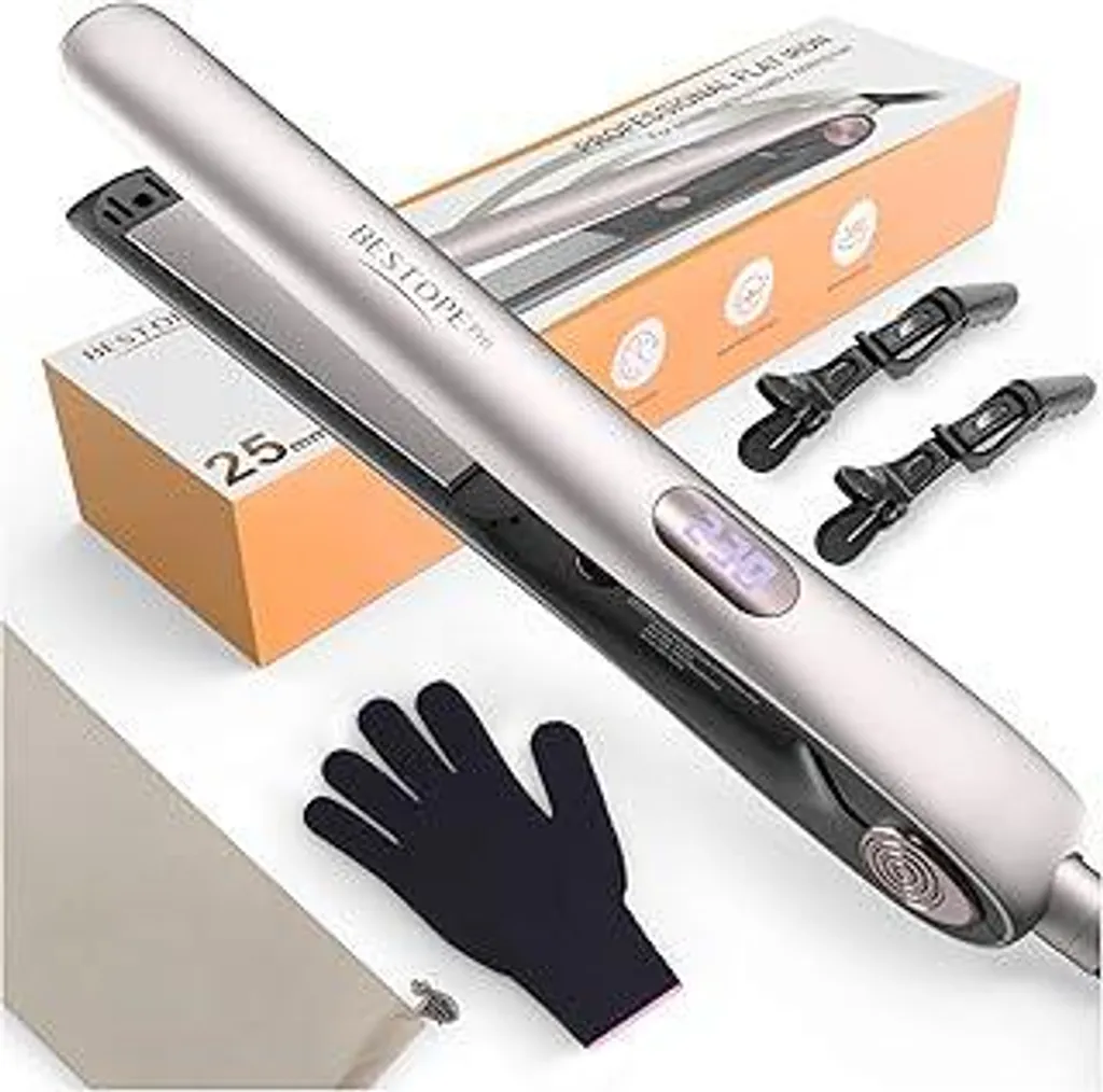 BESTOPE PRO 2 in 1 Piastra per capelli ricci e lisci, riscaldamento rapido in 15 secondi, piastra ionica in Vetroceramica, riduzione dell'effetto crespo, pannello flottante 3D che impedisce di tirare i capelli, display LCD, 120-230 °C