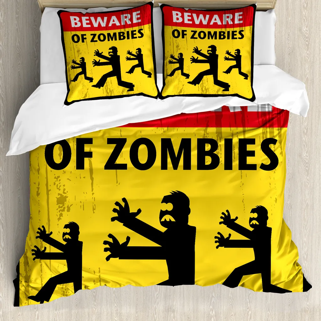 ABAKUHAUS Copripiumino Zombie, arte umoristica di fantasia, antiacaro, adatto a chi soffre di allergie, con federe, 200 cm x 200 cm - 80 x 80 cm, giallo, nero, rosso