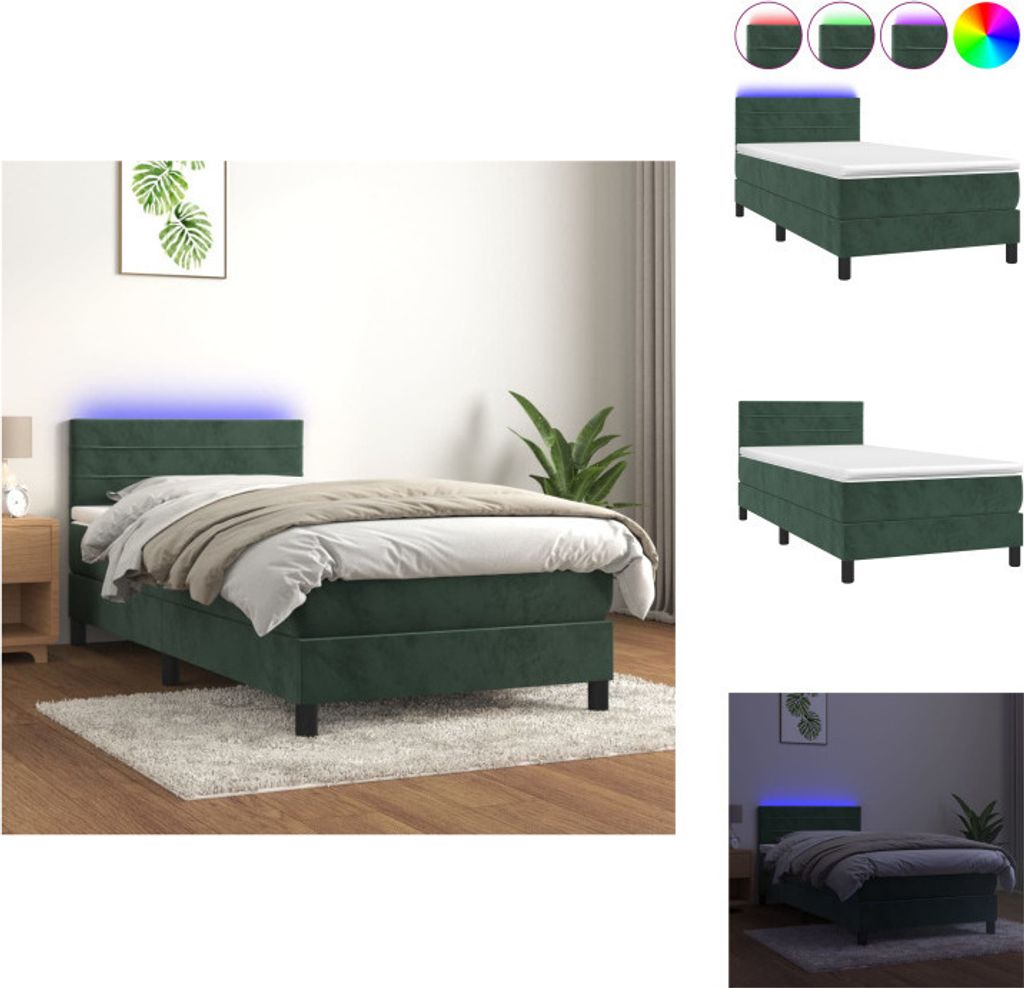 vidaXL Boxspringbett mit Matratze & LED Dunkelgrün 90x200 cm Samt - Betten & Bettgestelle