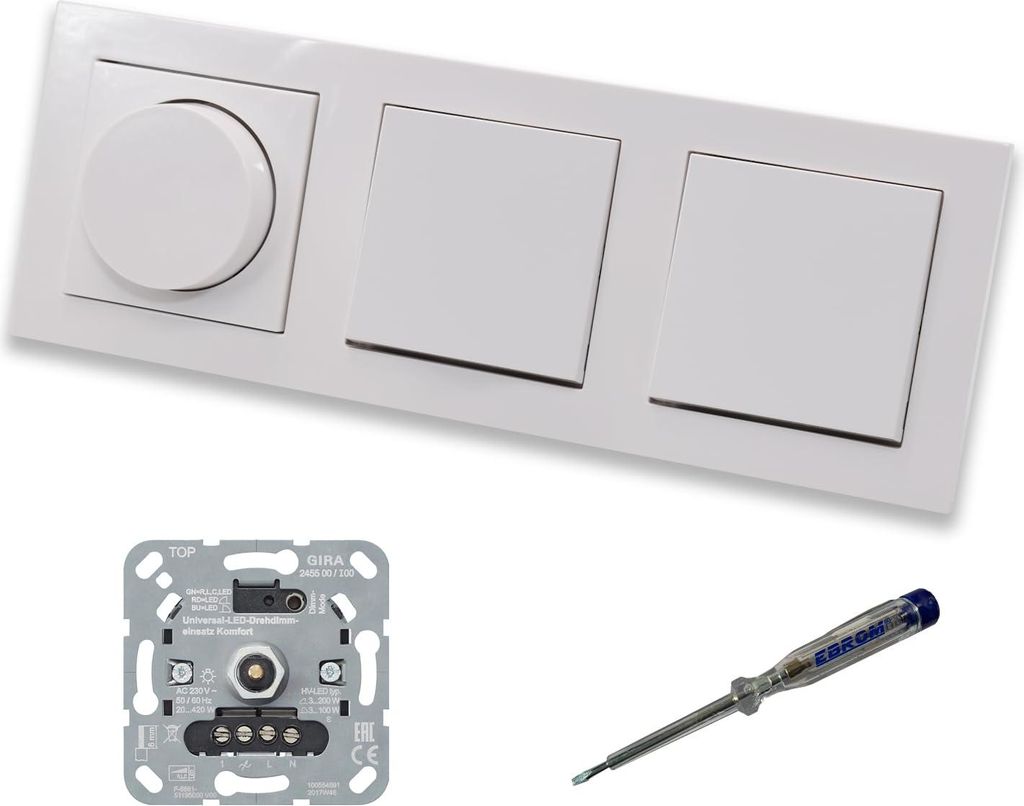 GIRA 245500 LED Drehdimmer Dimmer + Dimmerscheibe Zentralscheibe 065003 und 2 x Lichttaster 015100 in Gira E2 reinweiß glänzend inklusive EBROM P...