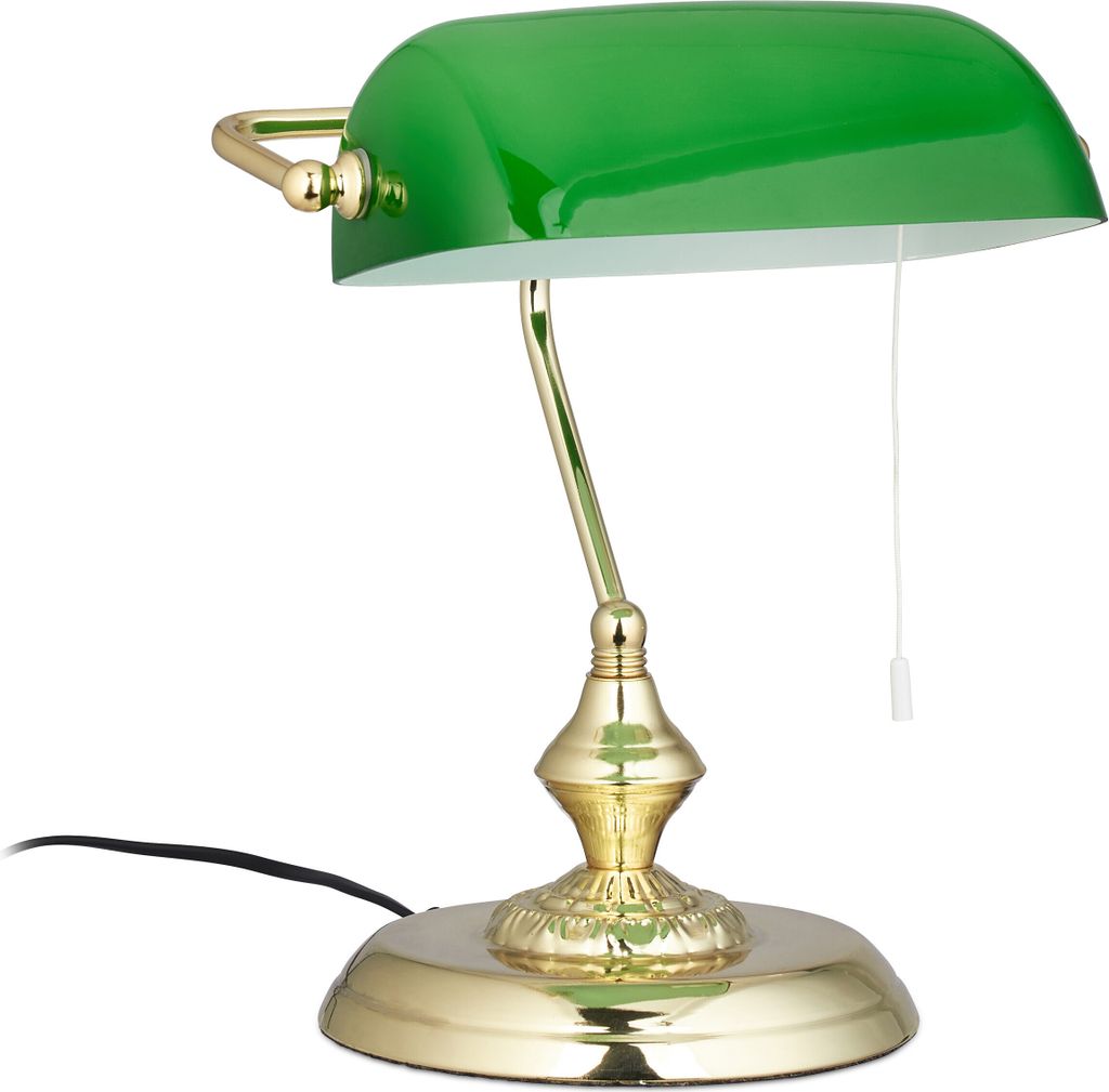 Relaxdays Bankerlampe mit Zugschalter, grüner Schirm, Produktbild 
