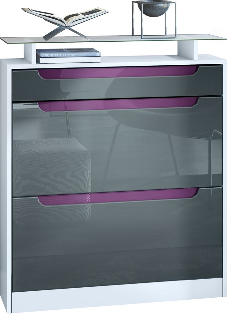 Vladon Schuhschrank Fiesta, Weiß matt/Grau Hochglanz/Brombeer Hochglanz Schuhkipper für 16 Paar Schuhe mit 2 Klappen (89 x 104 x 23 cm)