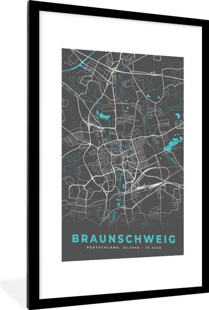 MuchoWow Gerahmtes Poster Stadtplan - Deutschland - Blau - Braunschweig - Karte 60x90 cm - Poster mit Schwarzem Bilderrahmen Wandposter Rahmen Fo...