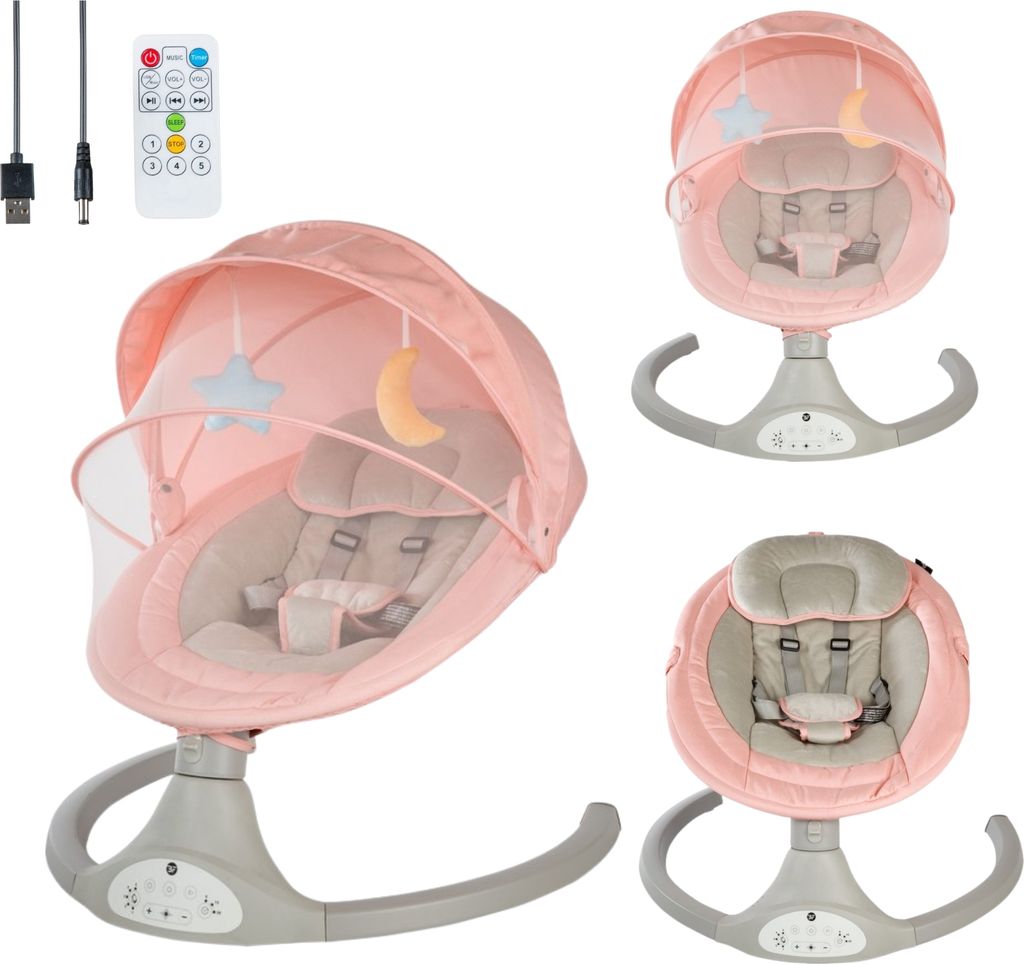 Bebies First® elektrische Babywippe Babyschaukel Relax mit Bluetooth-Funktion, Moskitonetz und Spielbogen - Rosa
