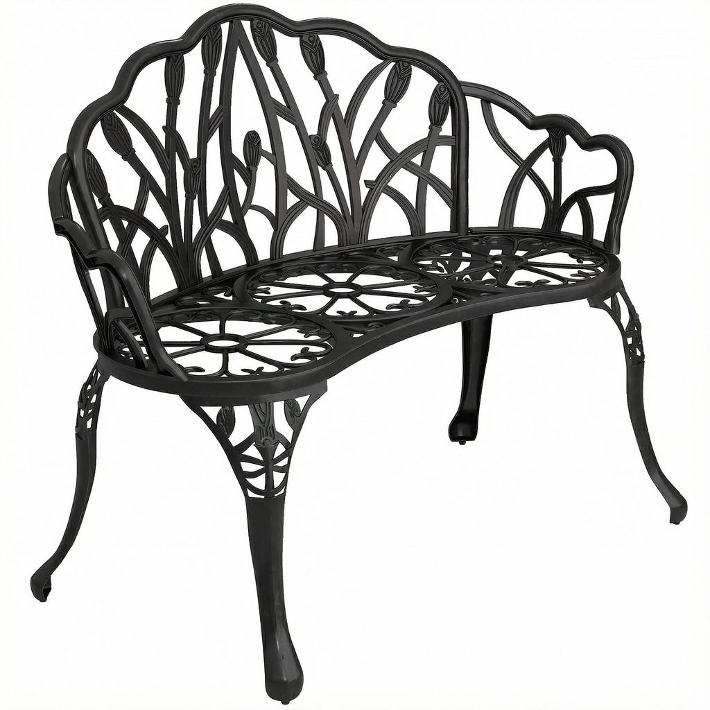 Gartenbank 2-Sitzer Gussaluminium wetterfest Outdoor Sitzbank mit Tulpen-Rückenlehne Blumenmotiv 99 x 57 x 78 cm