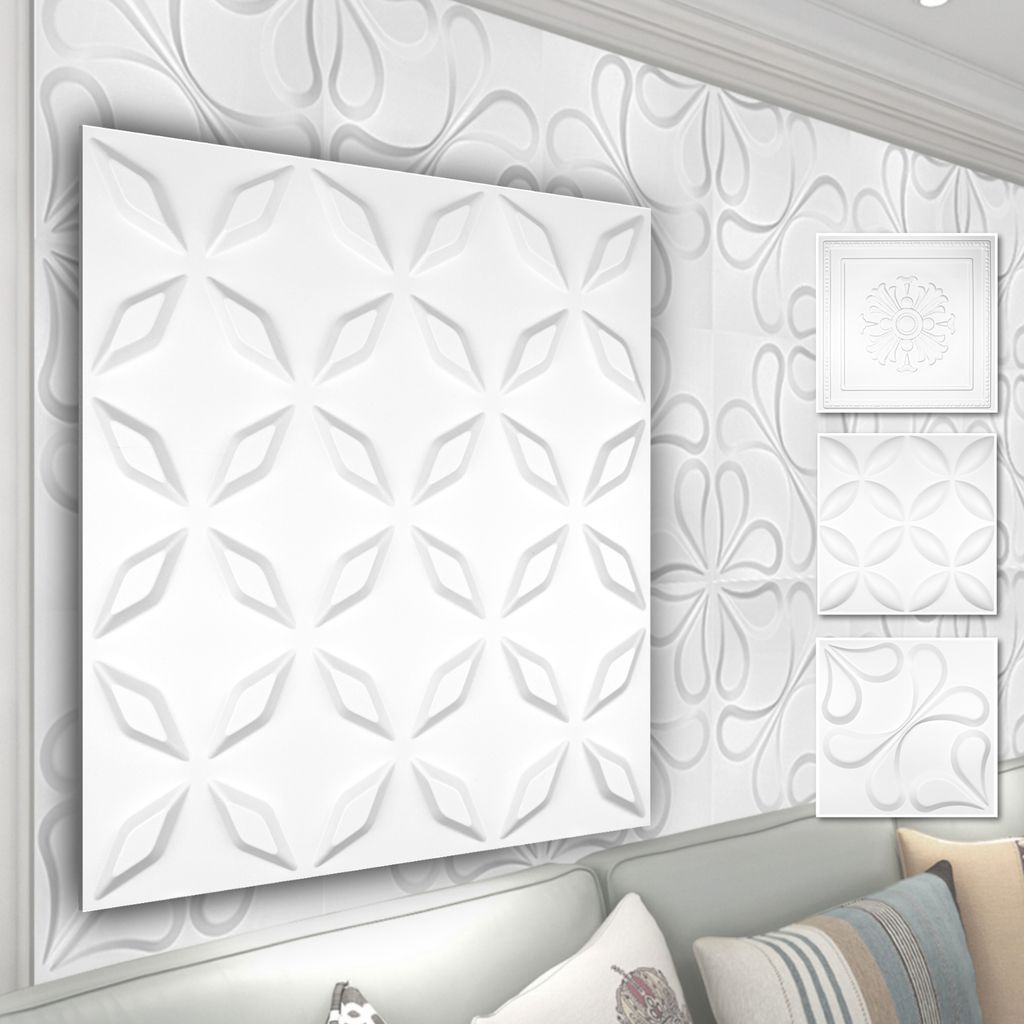 HEXIM 3D Wandpaneele, PVC Kunststoff weiß - Blumen Design Paneele 50x50cm Wandverkleidung (0.25QM HD063) Feuchtraumpaneele Gamingsetup