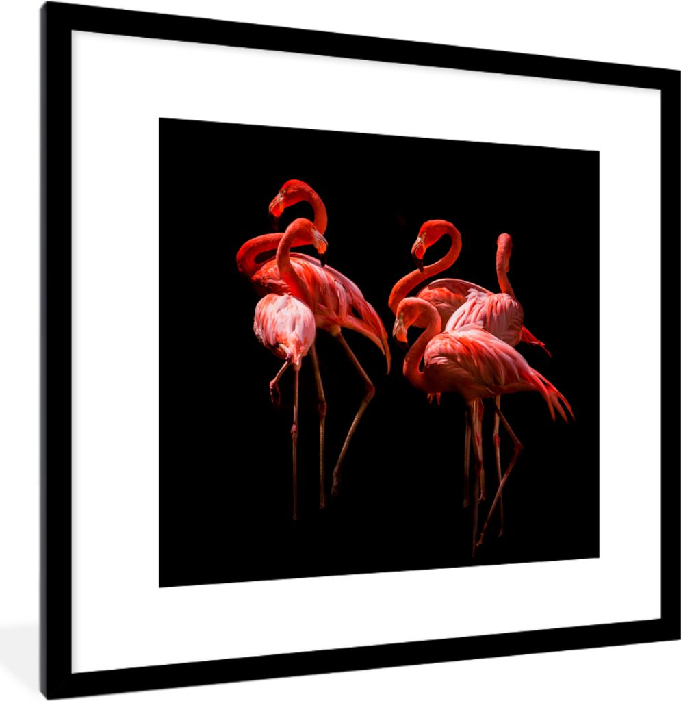 MuchoWow MuchoWow Gerahmtes Poster Flamingos - Vögel - Federn - Schwarz 40x40 cm - Poster mit zchwarzem Bilderrahmen - Poster - Plakat im Rahmen