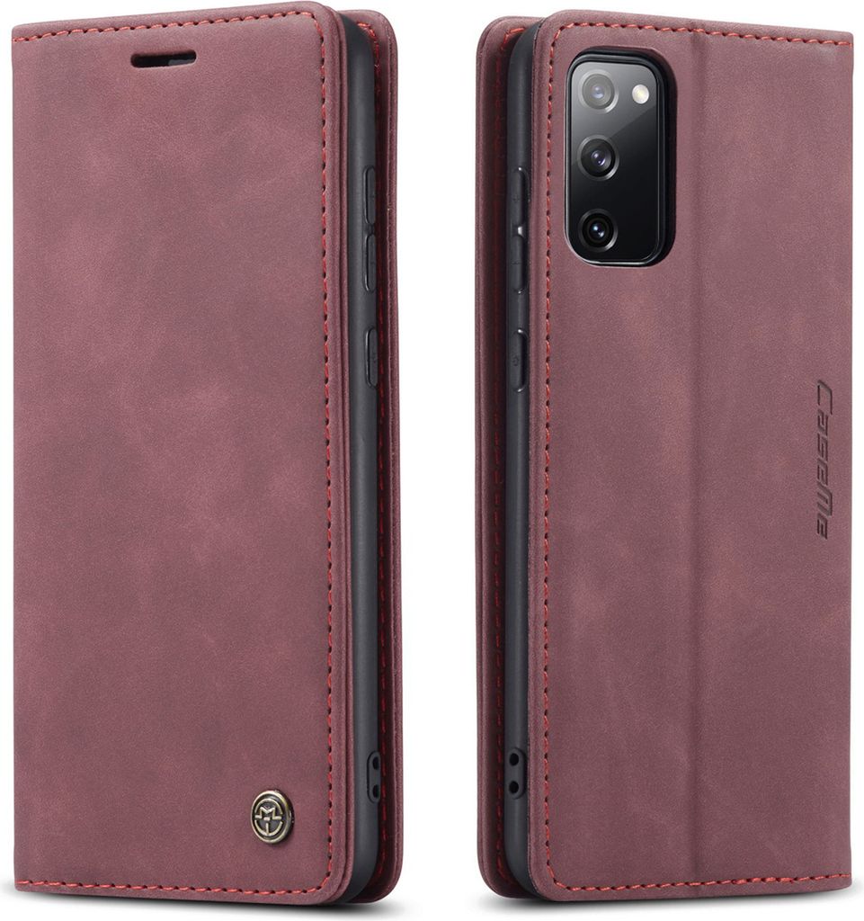 A product shot of a red leather phone case for a Samsung Galaxy S20 FE, shown from two angles.