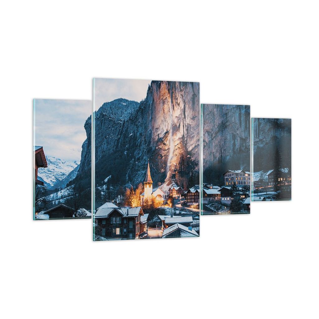 Bilder auf glas - 4 Teile - Lauterbrunnen Schweiz Tal - 160x90cm - Glasbilder - Wandbilder - Bilder - zum Aufhängen bereit - Wanddekoration aus Gl...