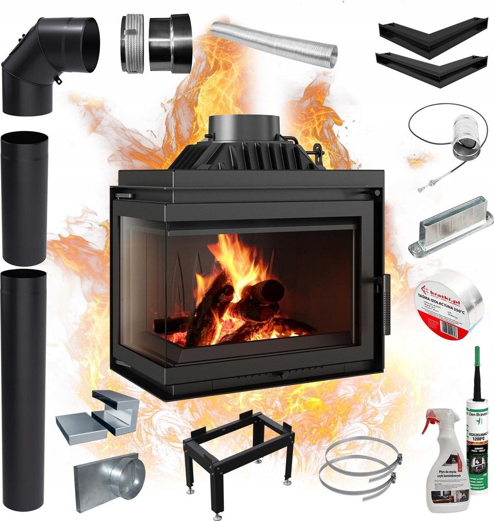 A collage of fireplace insert components and accessories, with a fireplace insert with burning logs in the center.