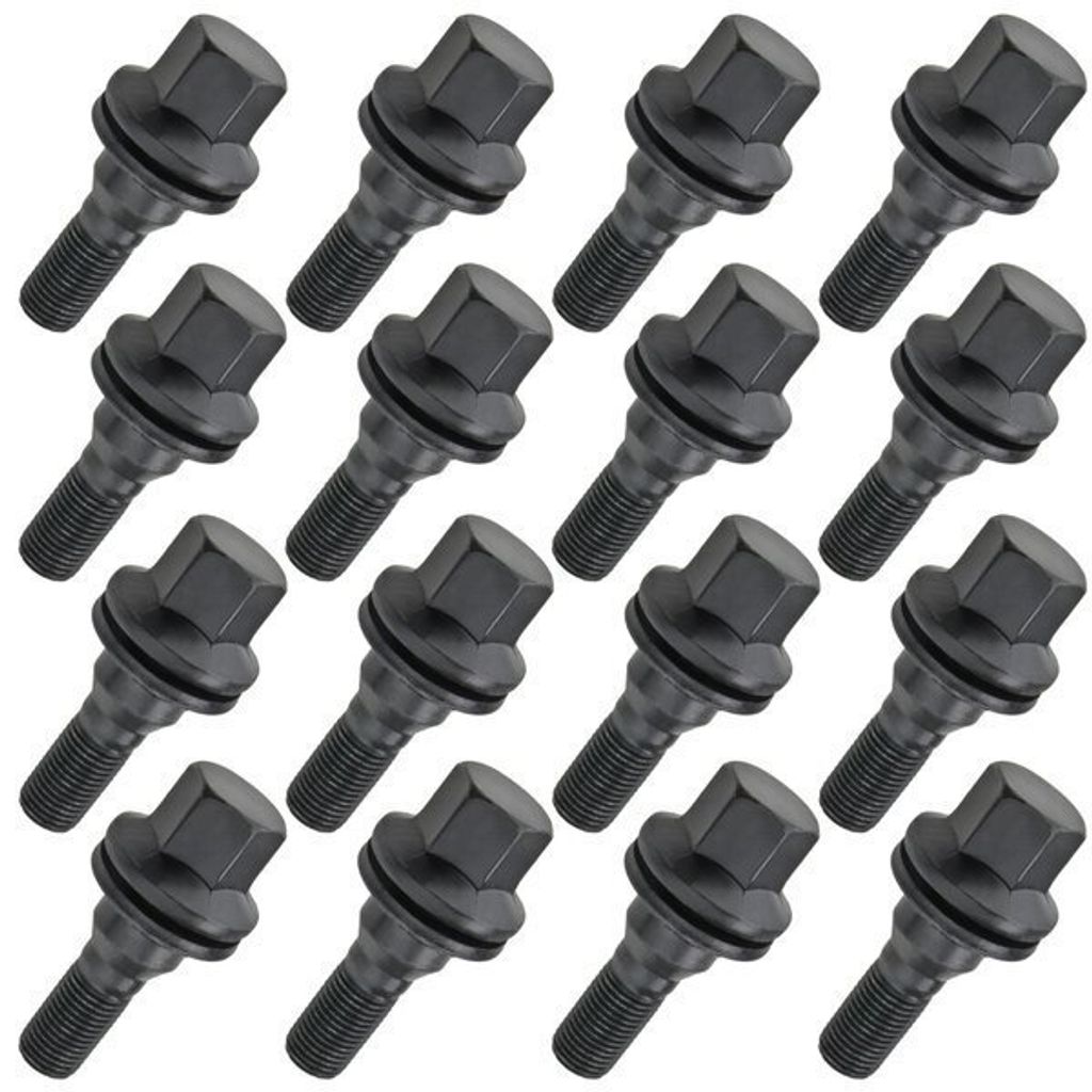 16x Schwarz Flachbund Radschraube, M12x1.25, Gewindelänge: 19mm SW17, DACROMET