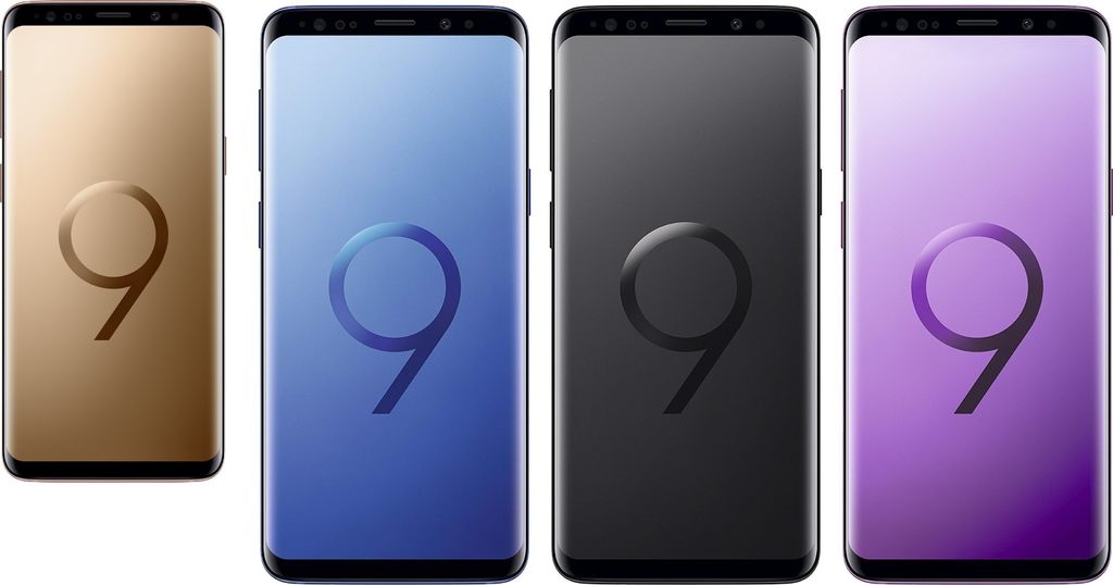 Four Samsung Galaxy S9 phones in different colors arranged side-by-side.