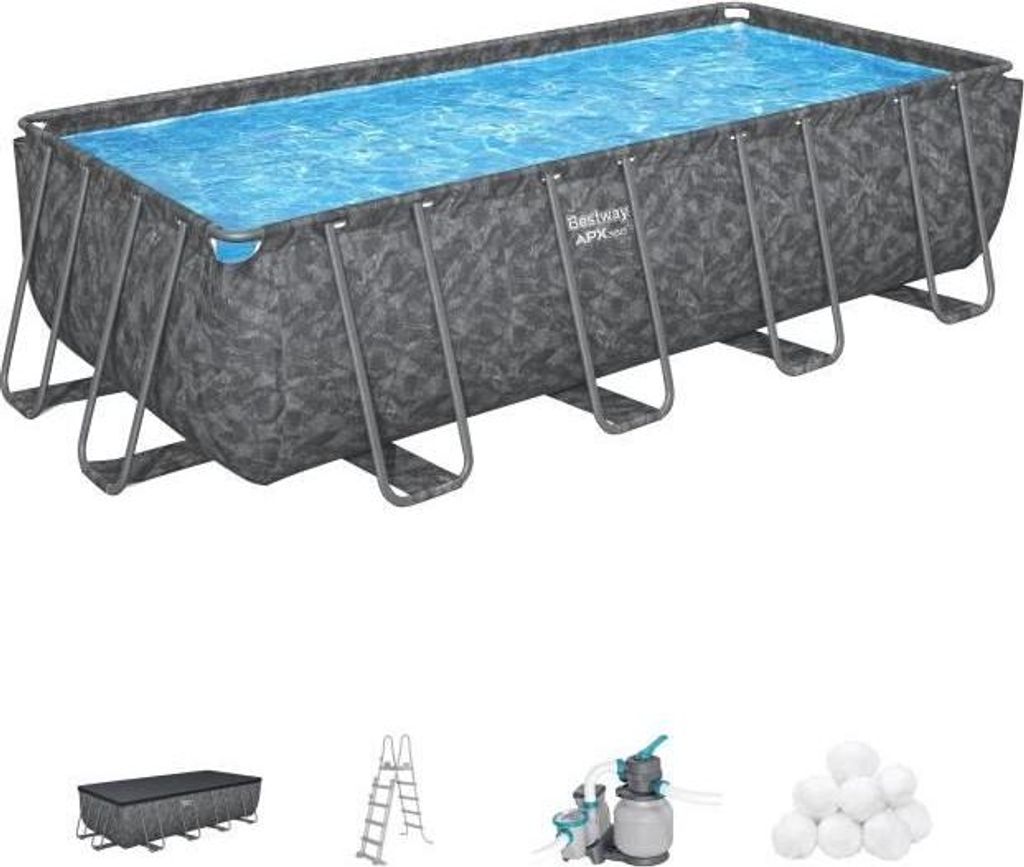 Rechteckiger Frame Pool BESTWAY APX 365, 549 x 274 x 132 cm, mit Sandfilteranlage, Polysphere, Leiter und Abdeckplane