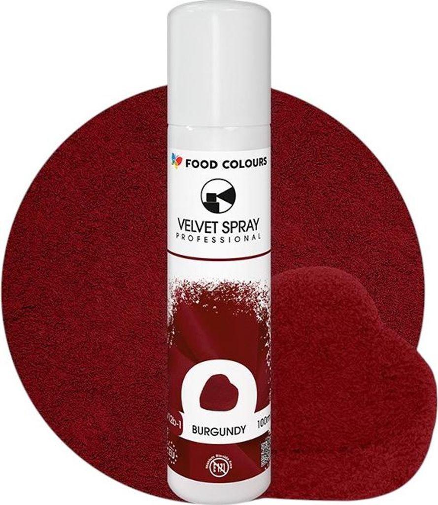 A spray can of burgundy velvet spray for food coloring, set against a burgundy background.
