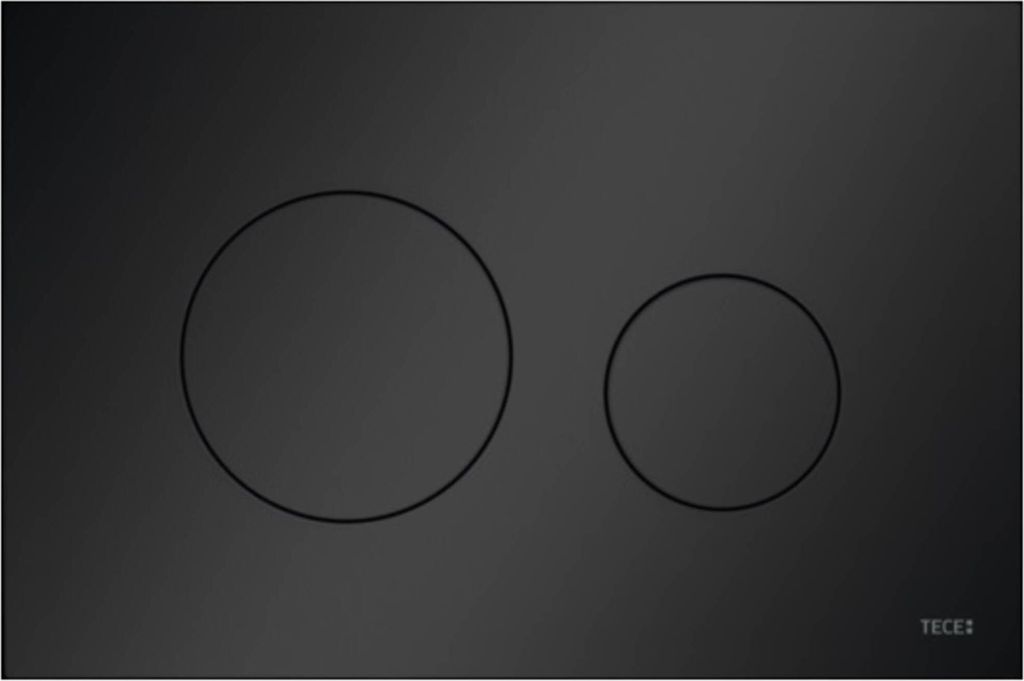 A black flush plate with two circular buttons and a brand logo.