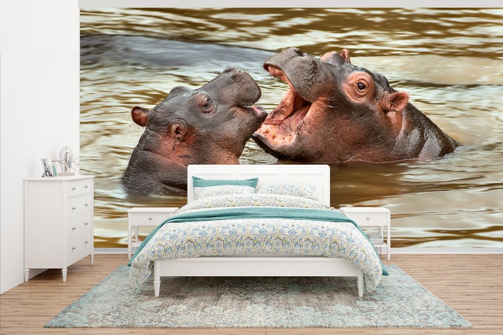MuchoWow Fototapete für Wohnzimmer oder Schlafzimmer Wandtapete Vinyl Motivtapete Nilpferd - Tiere - Wasser - 500x280 cm - Fototapeten