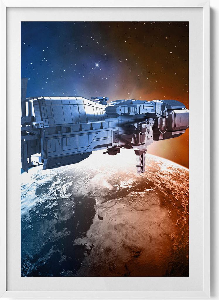 Raumschiff– Wandbild mit Rahmen – Gerahmtes Bild – Wanddekoration – 70x100 cm – Weiß Rahmen