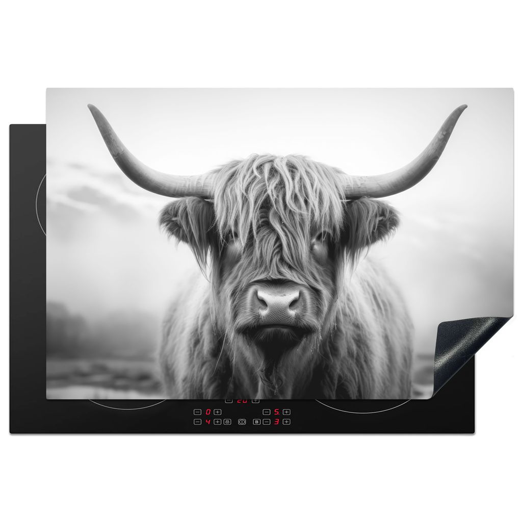 KitchenYeah Herdabdeckplatte Schottischer Highlander - Tier - Grau , 78x52cm, Küche Deko, Glaskeramikkochfeld Herdabdeckung, Abdeckplatte fùr K...