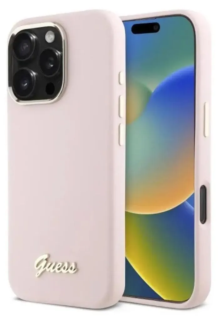 Cover iPhone 16 Pro Guess Rosa Silicone Script Logo Oro | Trendy Shop