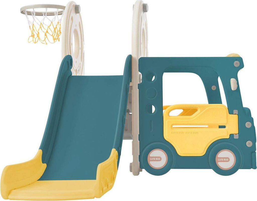 Kinderrutsche 4-in-1-Kinderrutsche Set mit Bus Rutsche Aktivitäts Leiter Basketballkorb und passendem Basketball Grün