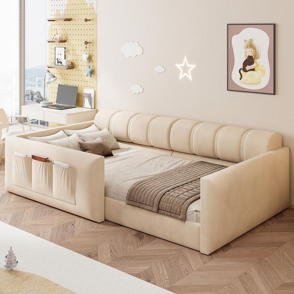 Flieks Kinderbett 90x200cm mit Rausfallschutz und Seitentaschen, Schlafsofa Einzelbett mit Rücken- und Armlehnen, Daybed Gästebett Samt, Beige