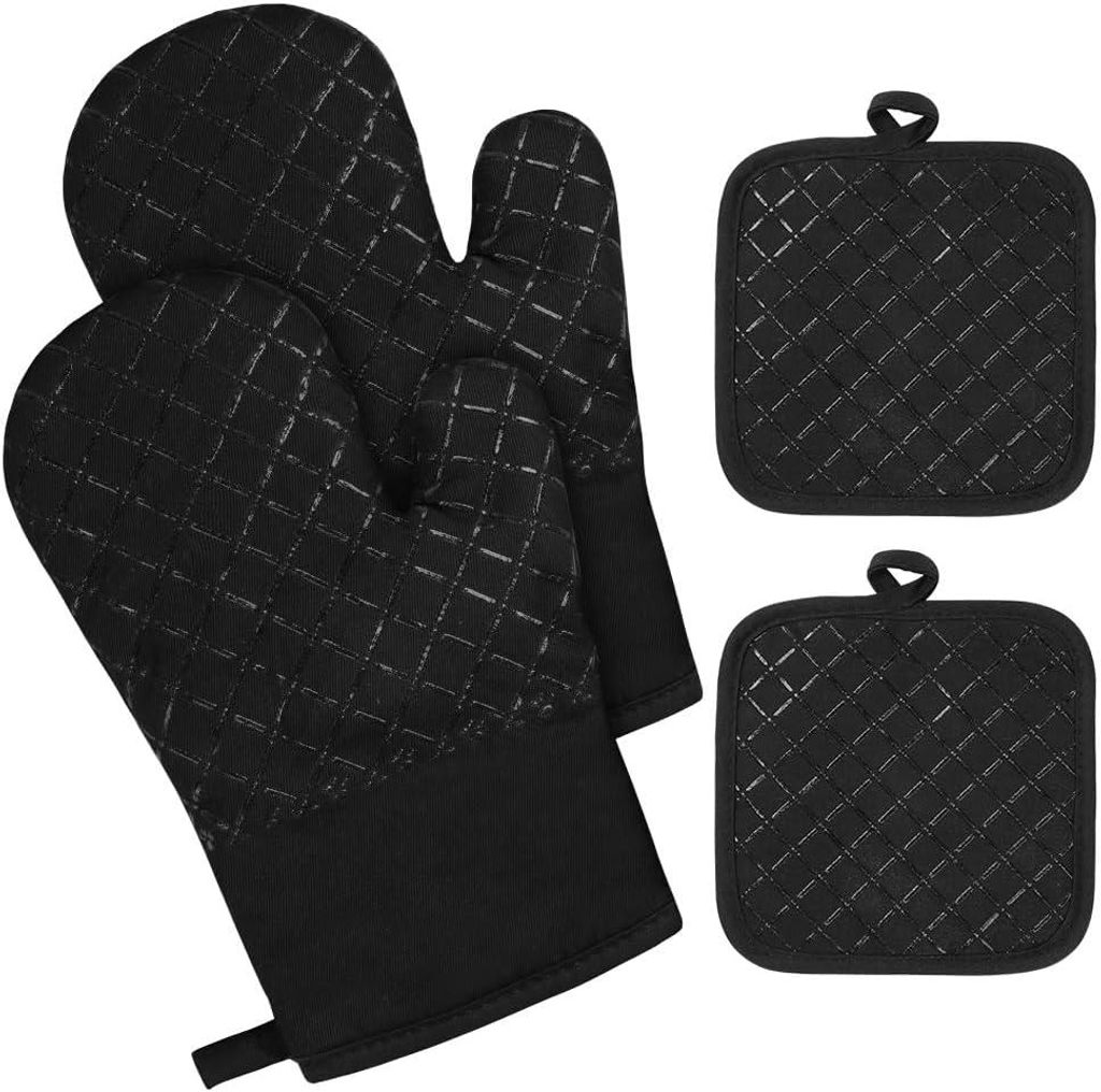 Ofenhandschuhe + 2 Silikon-Topflappen, hitzebeständig bis 230 °C, mikrowellen- und grillgeeignet, leicht zu reinigen, schwarz