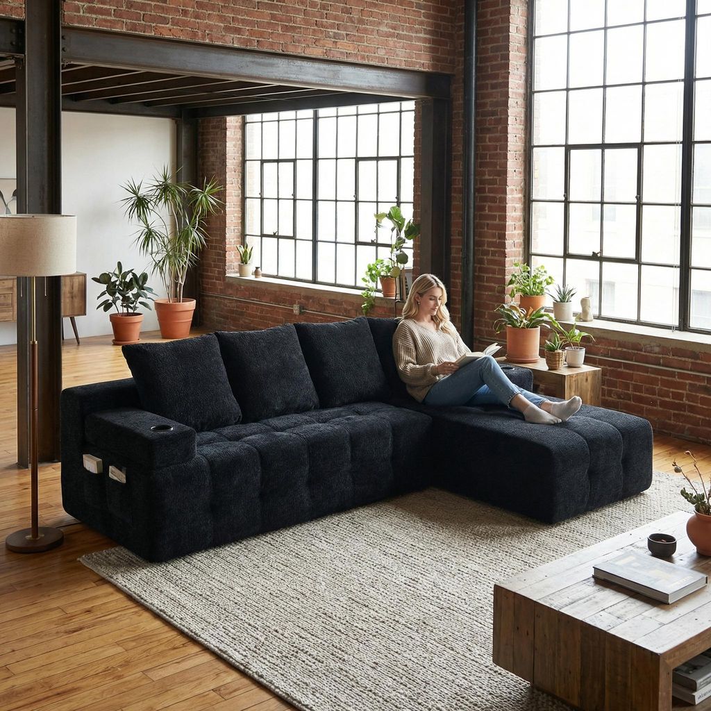 Modernes Chenille-L-Form Sofa mit umkehrbarer Chaise-Lounge, Seitenfach, zwei Tassenhaltern, bequemer Sitzkomfort für Wohnzimmer – montagefrei