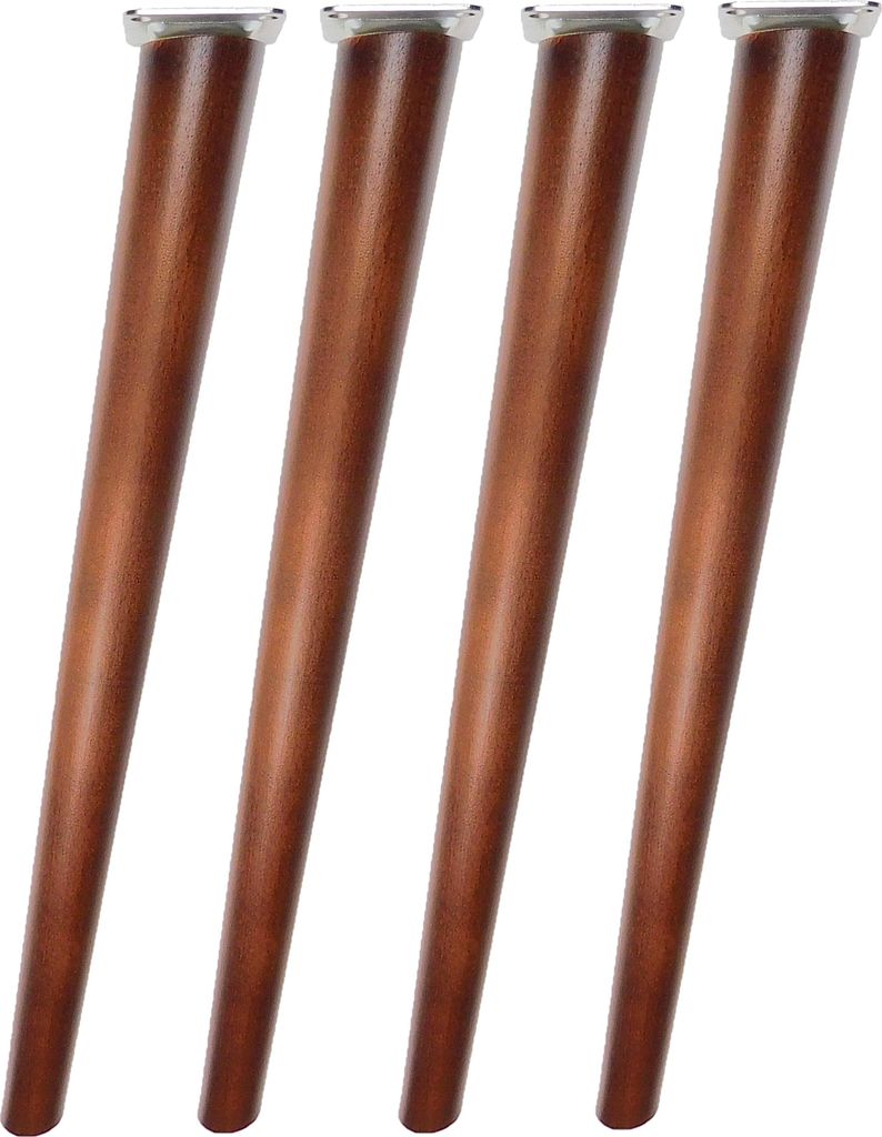 Four wooden furniture legs with silver tops are arranged vertically against a white background.
