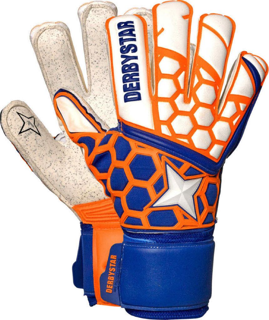Derbystar Fussball Goalie Torwarthandschuhe weiß blau orange Größe 8,5 