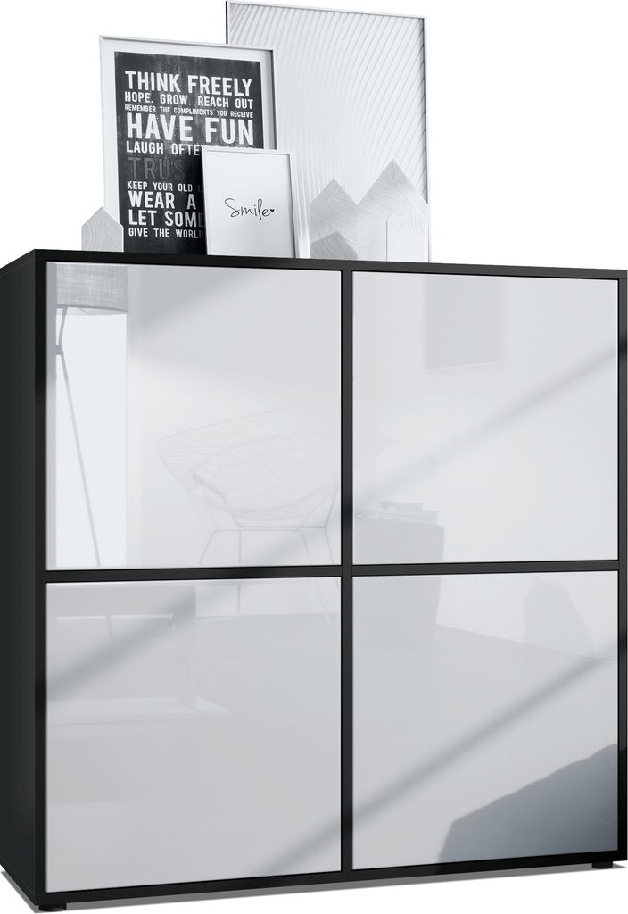 Vladon Highboard Cuba V2 Schrank 104 x 105,5 x 35,5 cm Sideboard mit 8 Fächern, Germany, Korpus in Schwarz matt / Fronten in Weiß Hochglanz