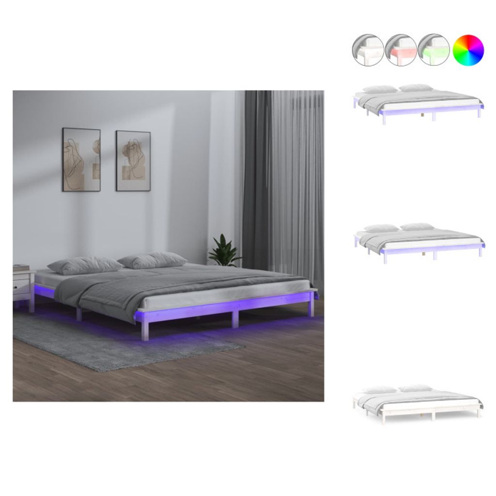 vidaXL Massivholzbett mit LEDs Weiß 150x200 cm - Betten & Bettgestelle