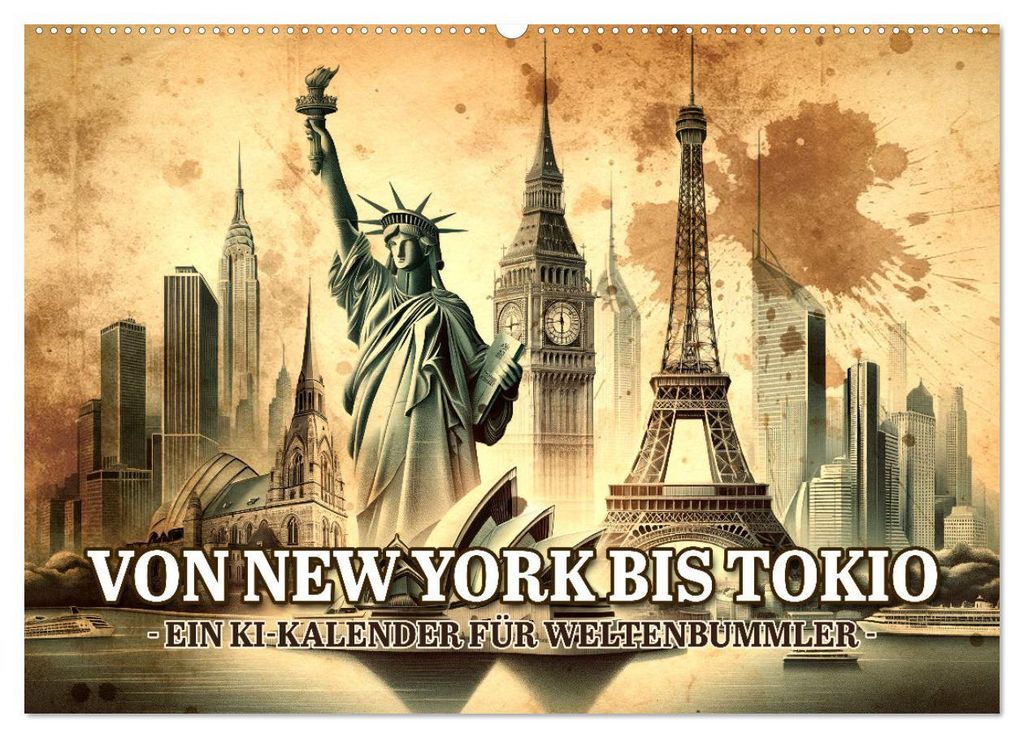 Von New York bis Tokio - Ein KI-Kalender für Weltenbummler (Wandkalender 2027 DIN A2 quer), CALVENDO Monatskalender