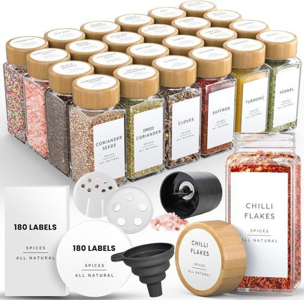 Famanu Gewürzgläser mit Bambusdeckeln und Etiketten - 120 ml, 24 Stück