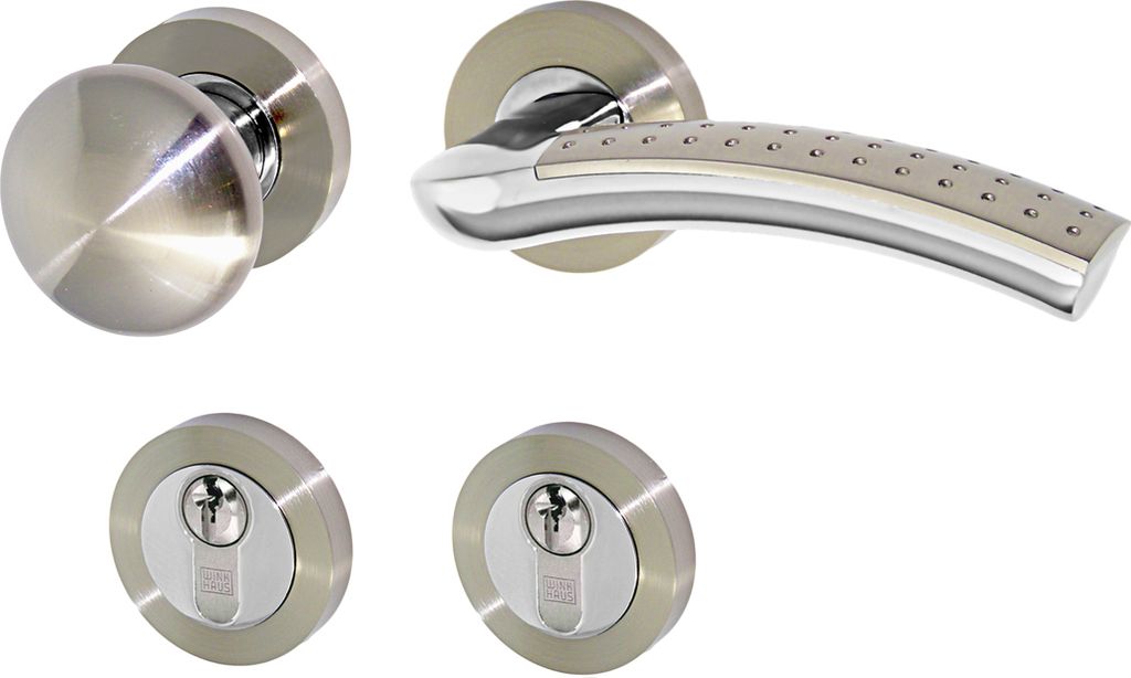 A set of door hardware, including a doorknob, a lever handle, and two keyhole escutcheons, displayed against a white background.