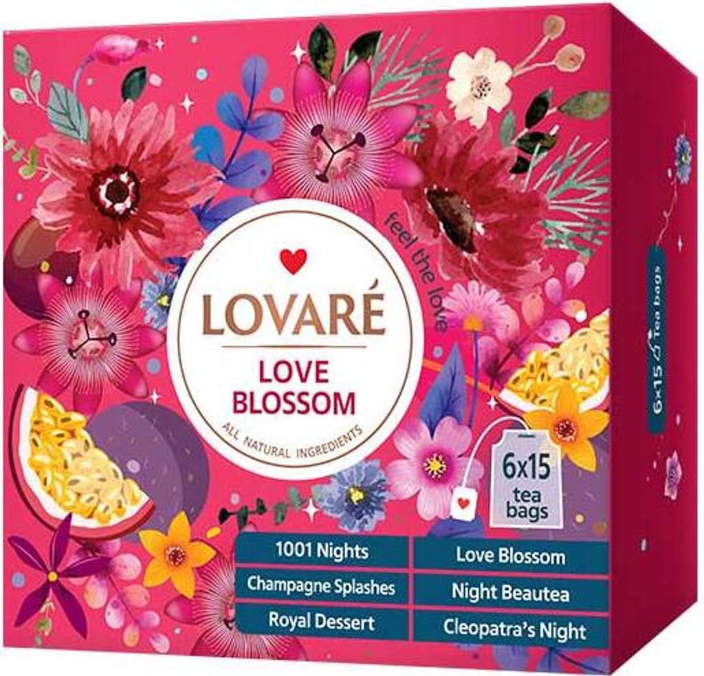 A box of Lovaré Love Blossom tea bags, decorated with floral patterns.