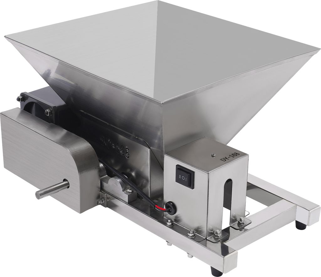 A stainless steel commercial fruit mill with a hopper and an on/off switch.
