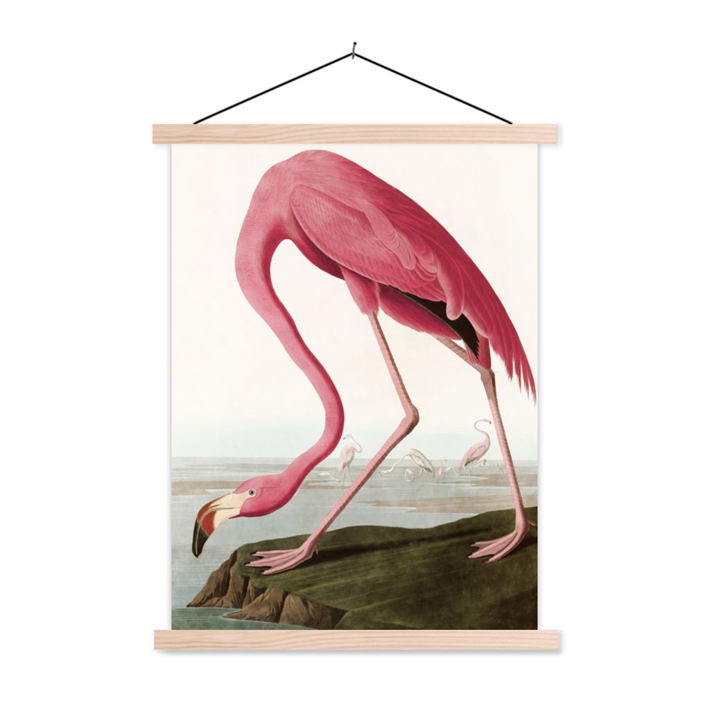 MuchoWow Textilposter Flamingo - Vogel - Vintage - Wasser - Rosa 60x80 cm mit holzfarbenen Rahmen - Wandbild