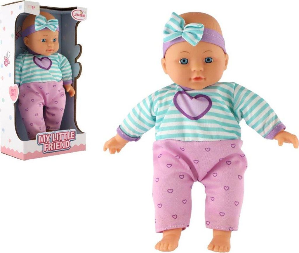 A doll is shown in its packaging and also outside of its packaging, against a white background.