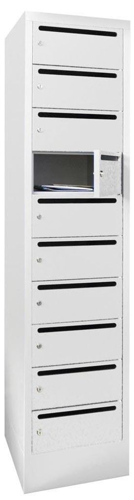 Postverteilschrank, BxTxH 300x500x1850 mm, 1x10 Fächer, Fachbreite 300 mm, Schloss, Sockel, RAL 7035 lichtgrau