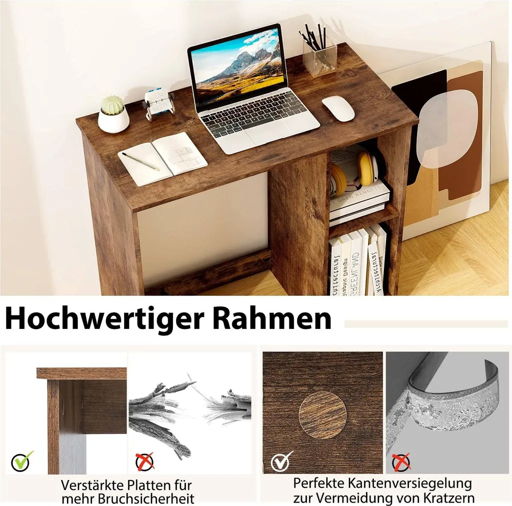 Bureau informatique compact marron avec étagères de stockage pour studio