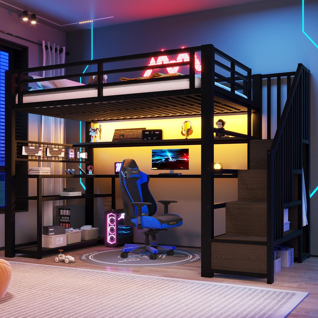 Lit superposé Flieks 90x200 cm avec bureau et étagère, lit Image du produit 