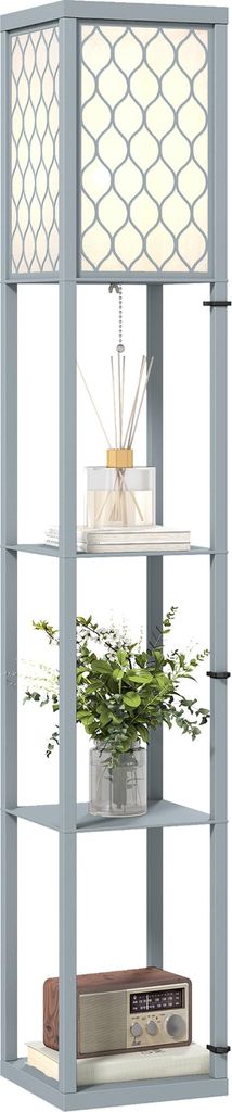 Stehlampe mit Regal. 3 F?cher. kompakte Ma?e. MDF. Hellgrau
