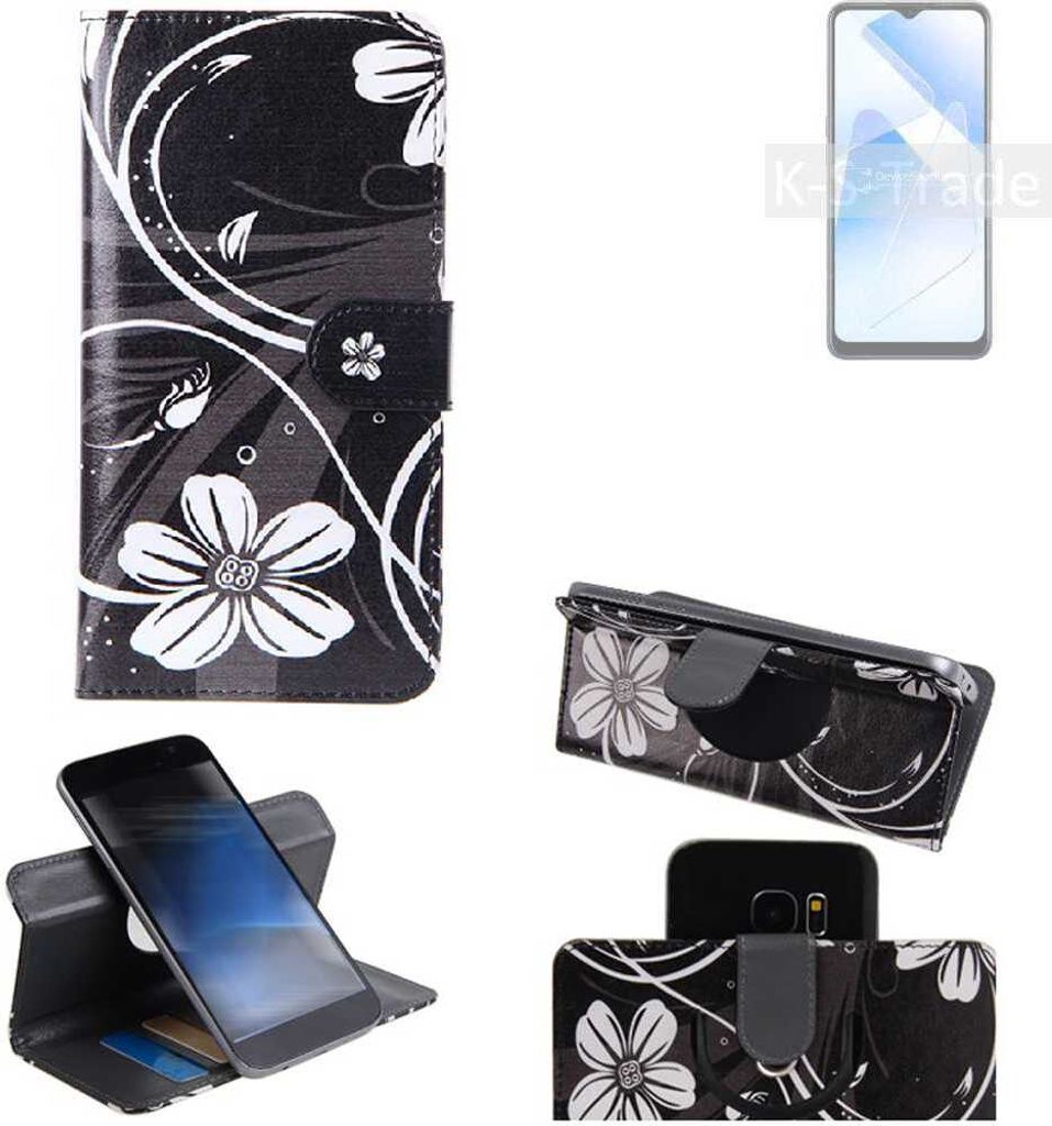 K-S-Trade Schutzhülle Handyhülle kompatibel mit Oppo A53s 5G Hülle 360° Wallet Case ''Flowers'' Klapphülle Hülle schwarz-weiß 1x